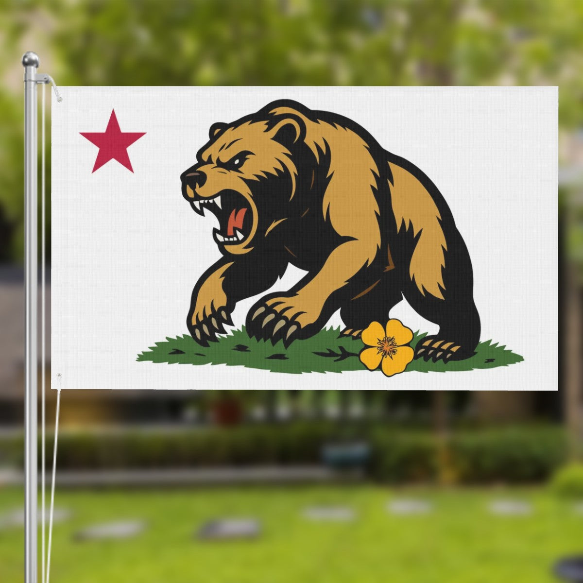 Golden State Bear double-sided 3'×5' California yard flag — edge and grommet detail