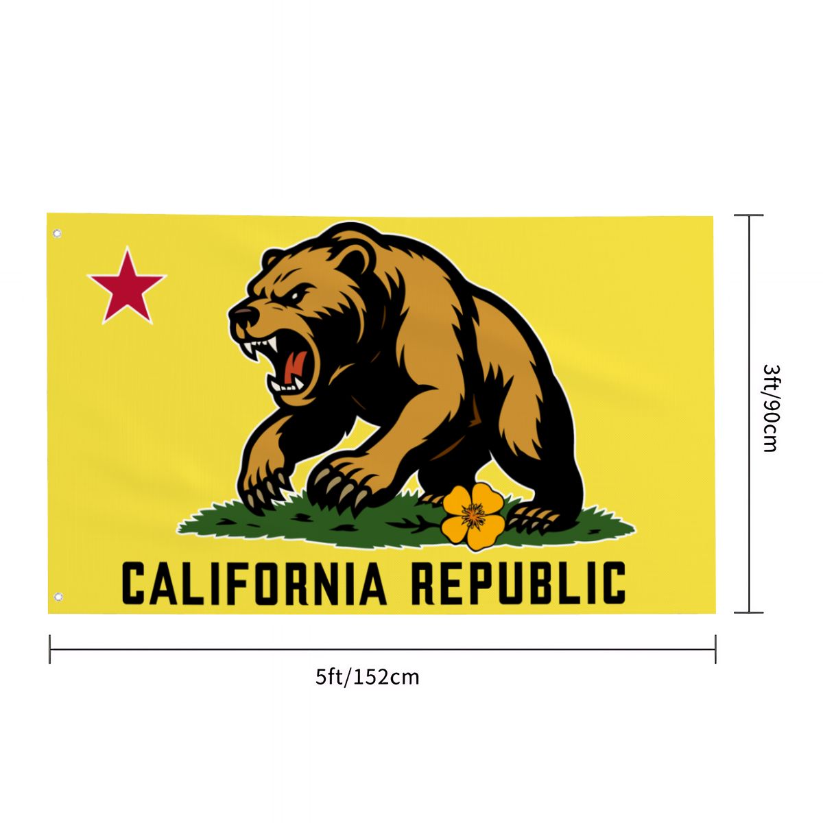 Golden State Bear California Republic single-sided Made in USA 3'×5' flag — edge and grommet detail