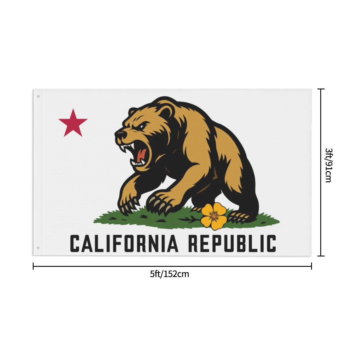 Golden State Bear California Republic double-sided 3'×5' yard flag — edge and grommet detail