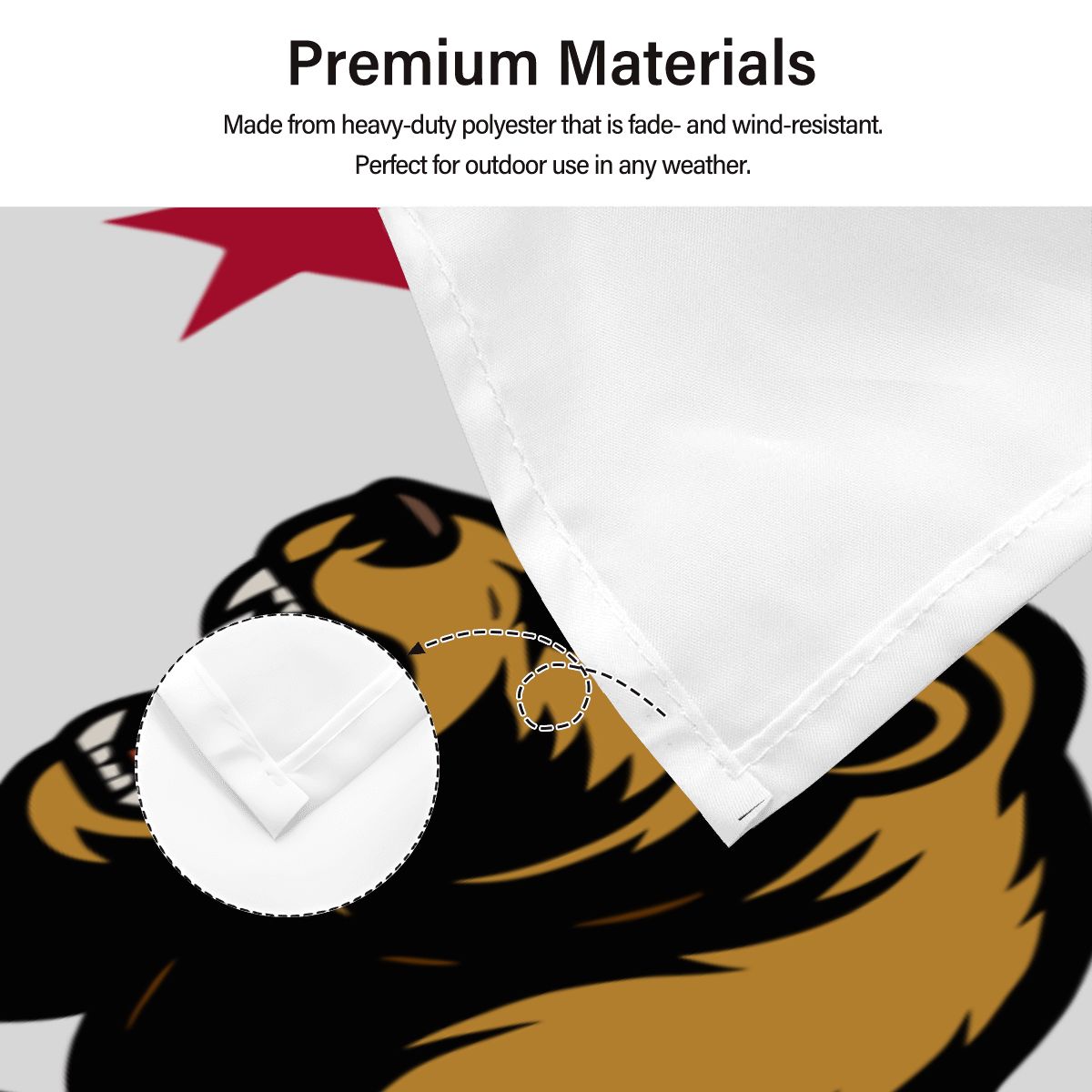 Don't Poke the Bear flag, reinforced edge with dual metal grommets detail