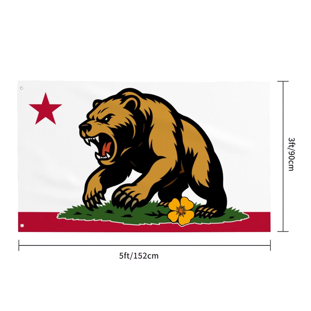 Flag with a bear, star, and flower design on a white background
