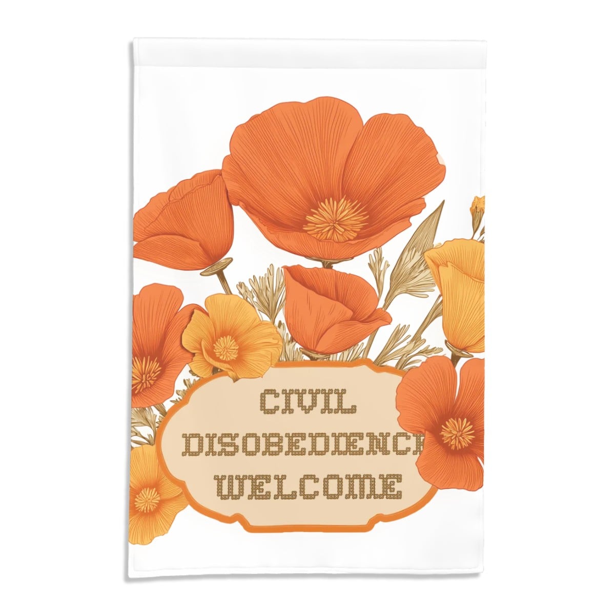 Card with orange flowers and 'Civil Disobedience Welcome' text on a white background