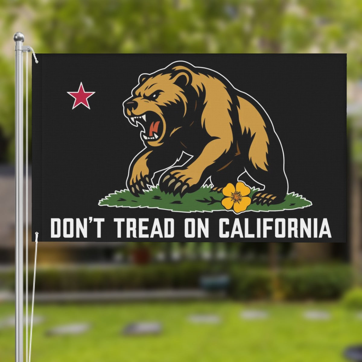 Don't Tread on California double-sided 3'×5' yard flag — edge and grommet detail