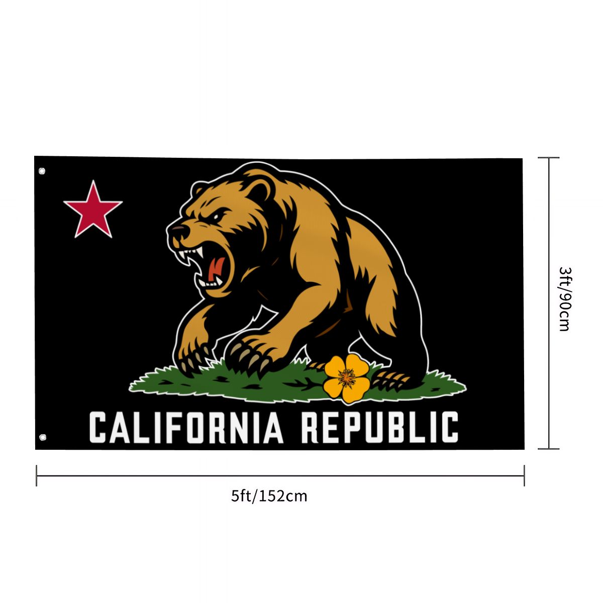 Golden State Bear California Republic single-sided 3'×5' yard flag — bear and stripe close-up