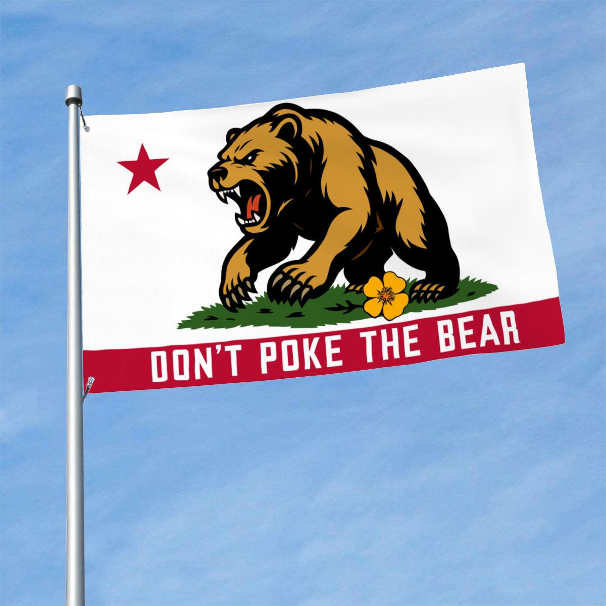 Don't Poke the Bear flag, close detail of the growling Golden State Bear graphic