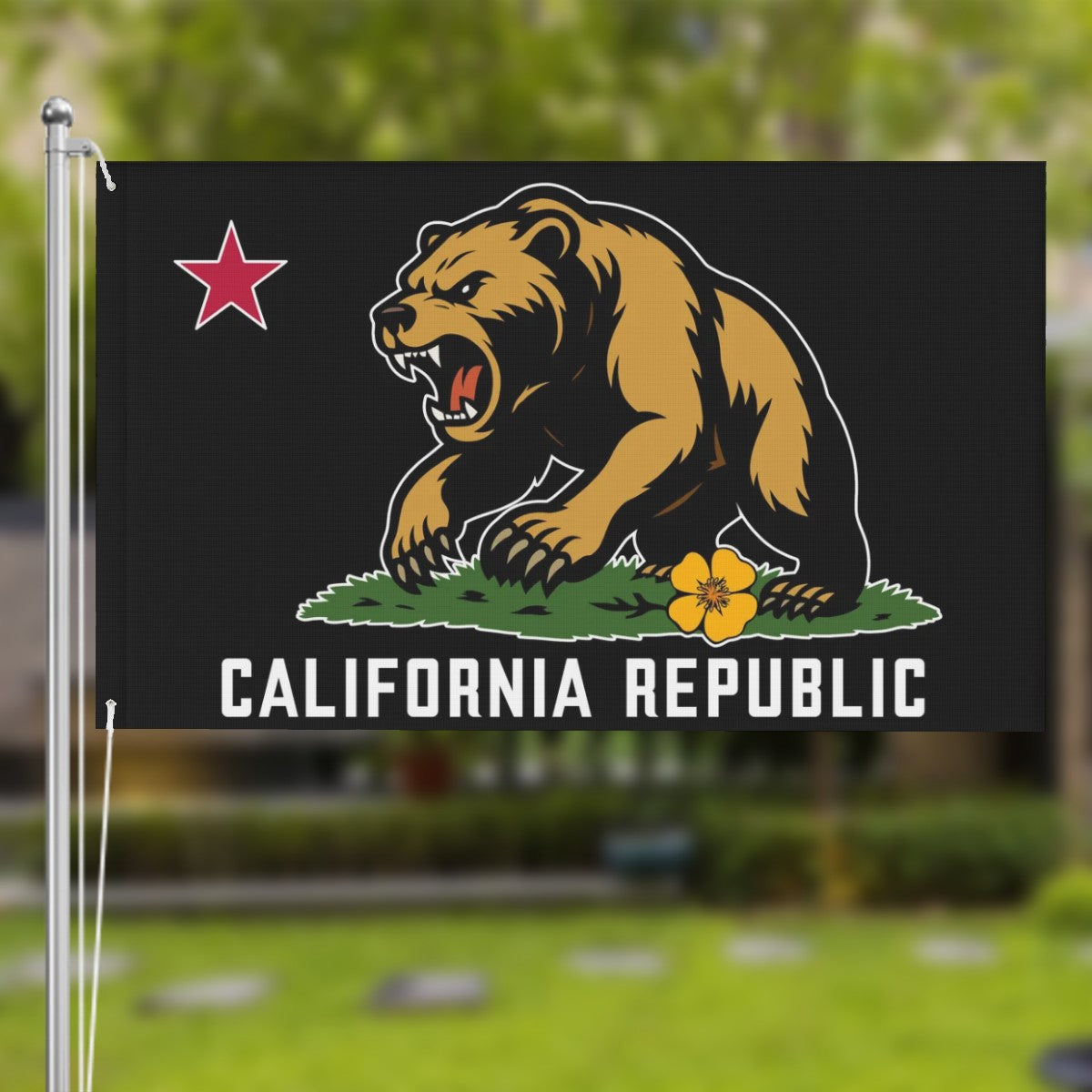 Golden State Bear California Republic double-sided 3'×5' yard flag — bear and stripe close-up