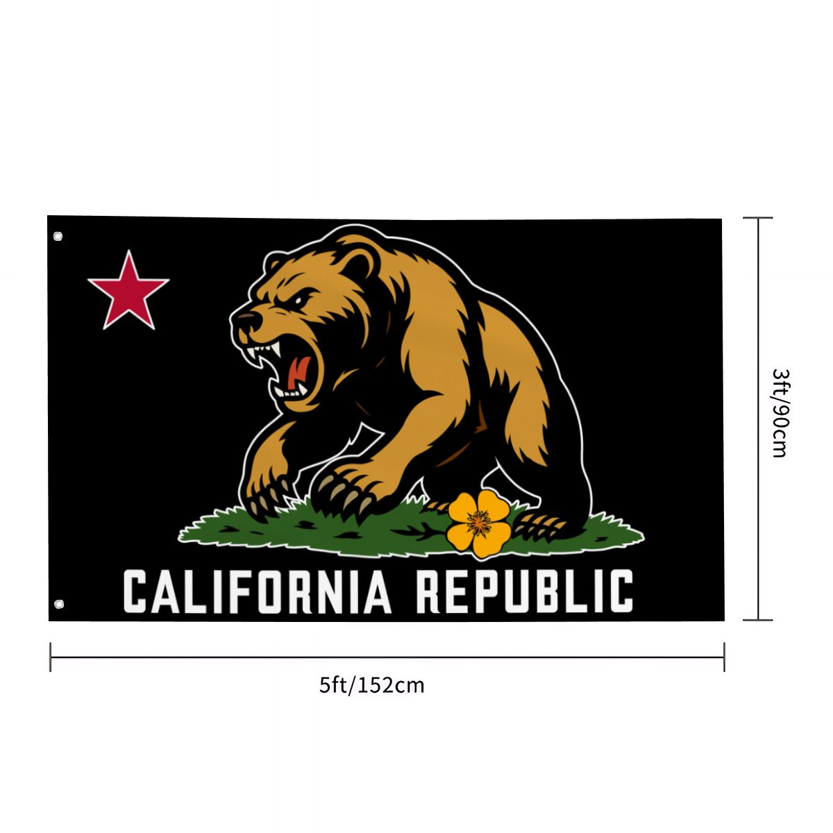 Golden State Bear California Republic single-sided Made in USA 3'×5' flag — bear and stripe close-up