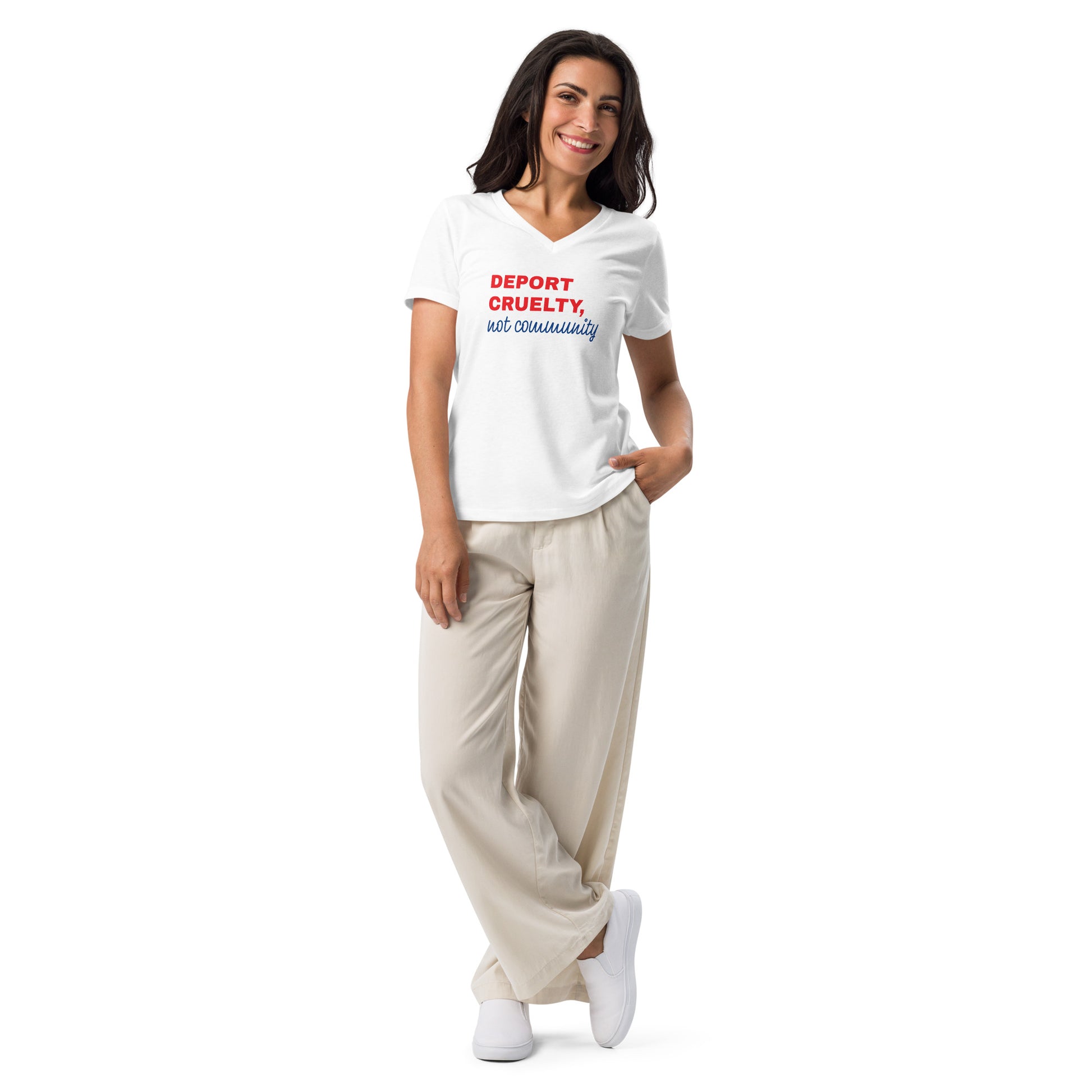 Deport Cruelty, Not Communities women's V-neck tee, statement design — alternate view