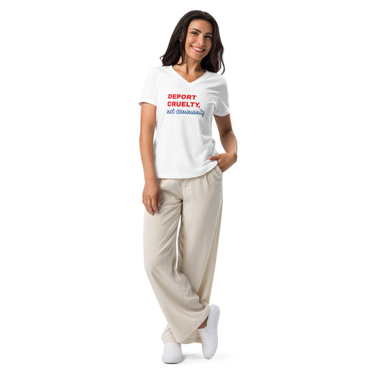 Deport Cruelty, Not Communities women's V-neck tee, statement design — alternate view